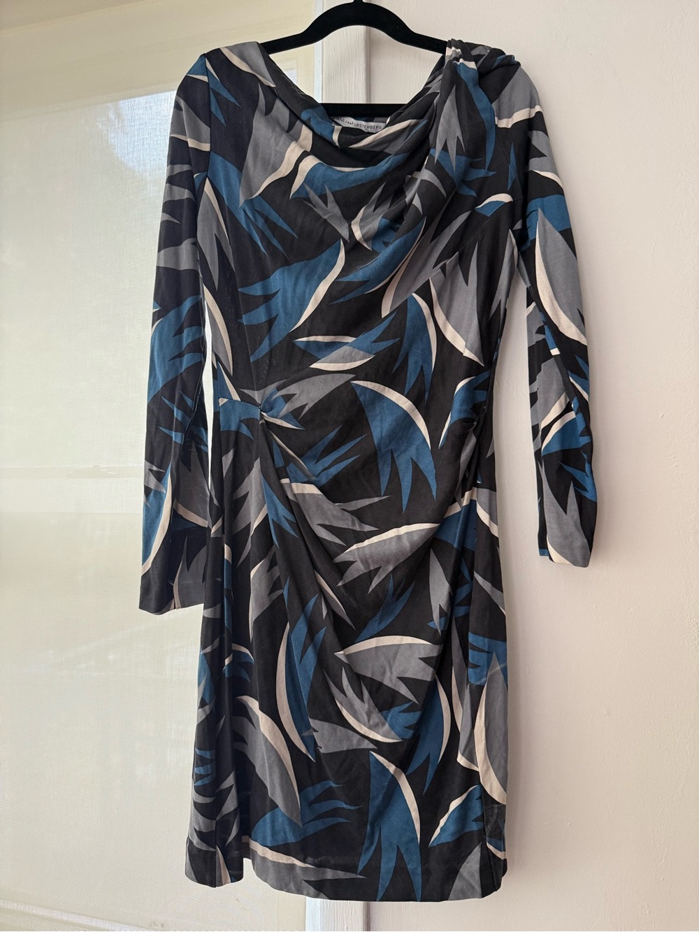 Diane Von Furstenberg Black, Blue & Gray Printed Cowl-Neck Long Sleeve Dress